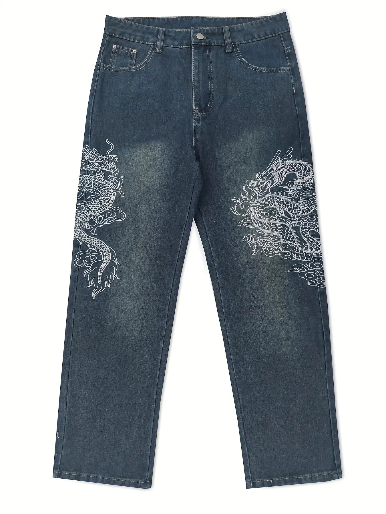 New Vintage Streetwear™ Dragon Embroidered Baggy Jeans